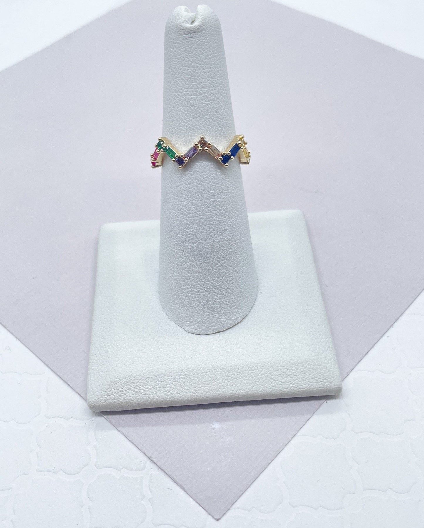 18k Gold Filled Zig Zag Ring: Multi Color Cubic Zirconia Stackable Band