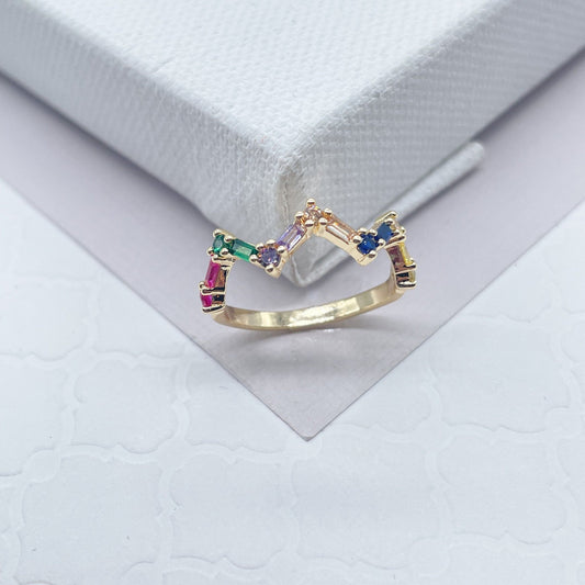 18k Gold Filled Zig Zag Multi Color Micro Pave Cubic Zirconia Stones Ring, Stackable CZ Ring Band
