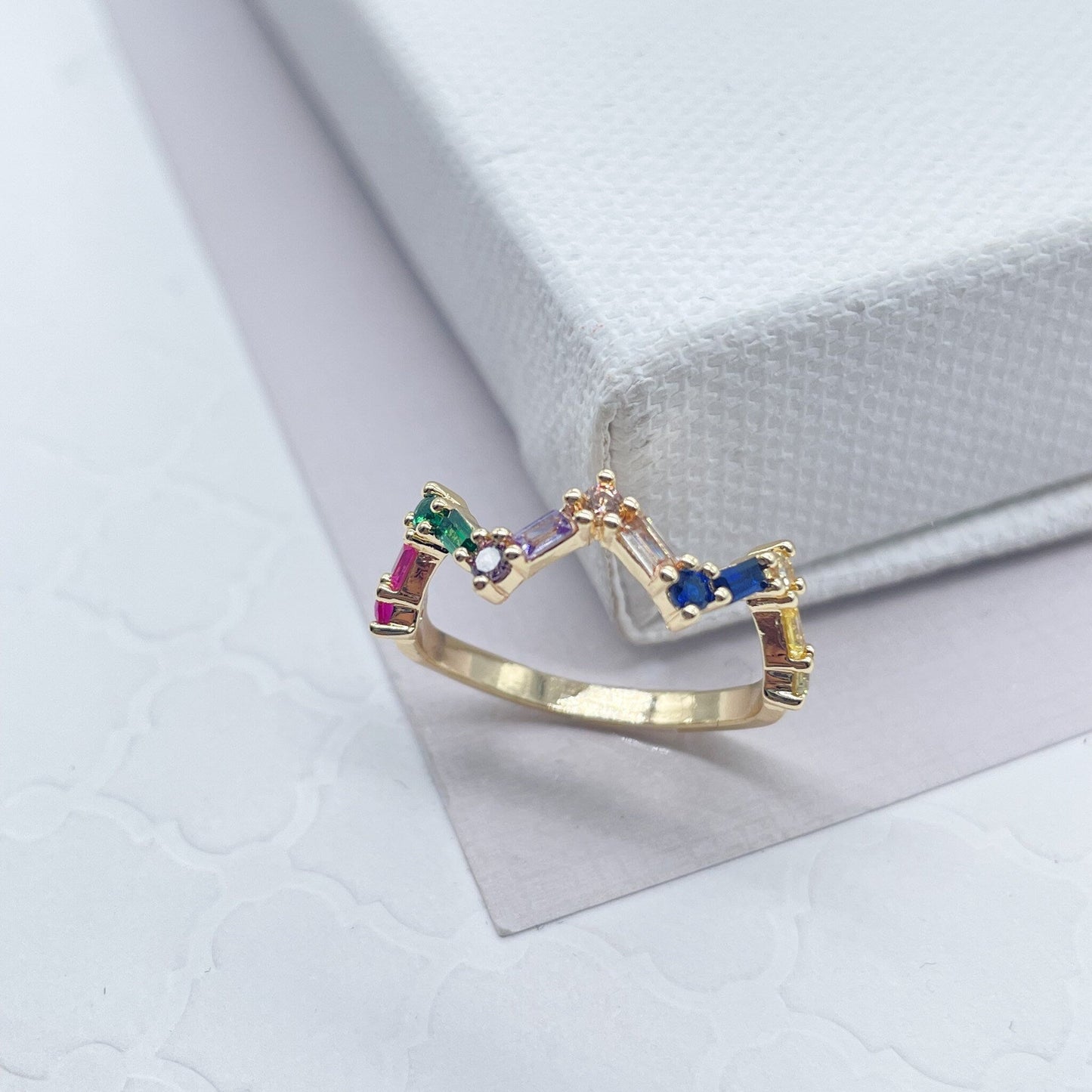 18k Gold Filled Zig Zag Multi Color Micro Pave Cubic Zirconia Stones Ring, Stackable CZ Ring Band