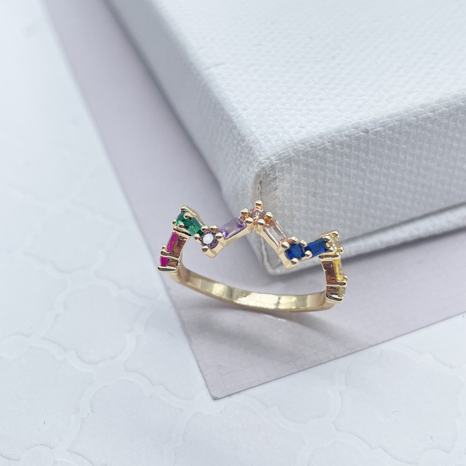 18k Gold Filled Zig Zag Multi Color Micro Pave Cubic Zirconia Stones Ring, Stackable CZ Ring Band