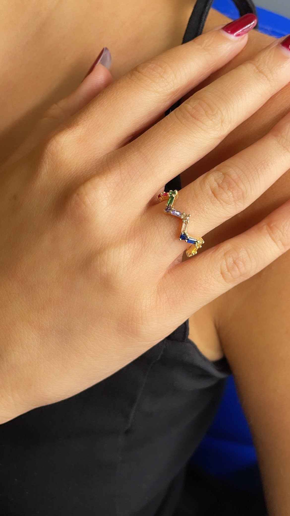 18k Gold Filled Zig Zag Ring: Multi Color Cubic Zirconia Stackable Band