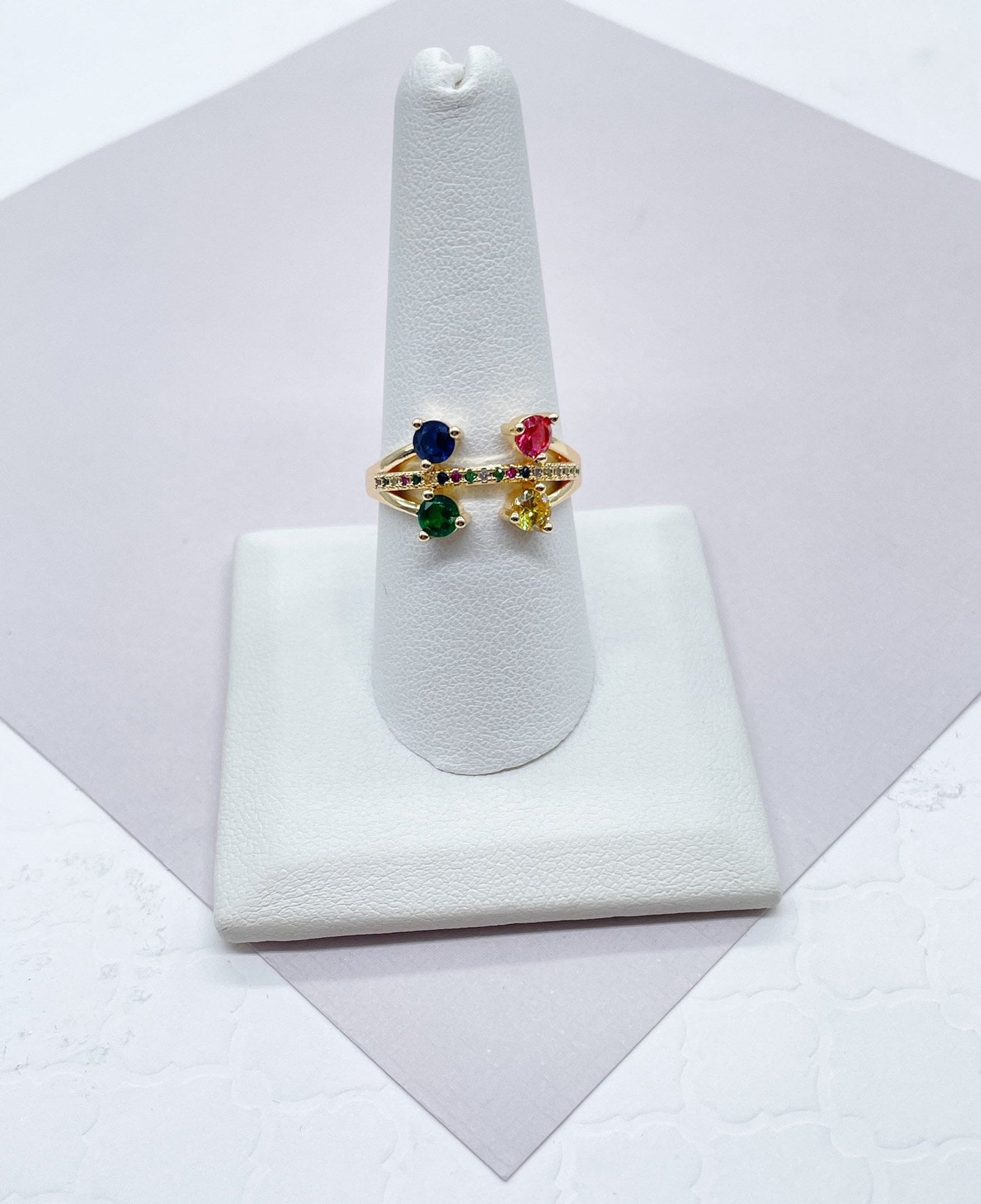 18k Gold Filled Pink, Blue, Yellow and Green Color Cubic Zirconia Stones Ring Featuring Multicolor Micro Pave