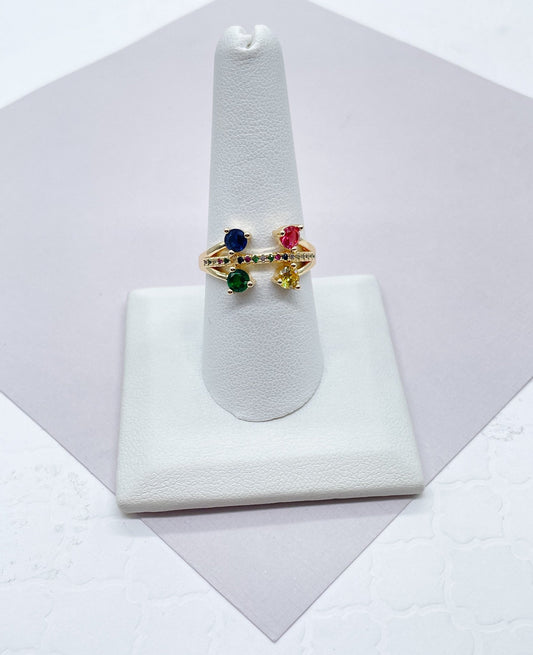 18k Gold Filled Pink, Blue, Yellow and Green Color Cubic Zirconia Stones Ring Featuring Multicolor Micro Pave