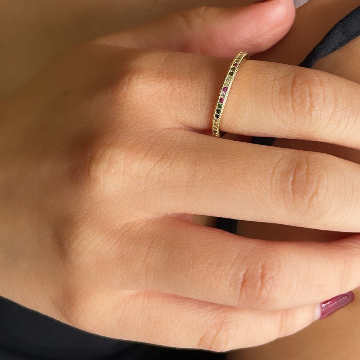Half Eternity 18k Gold Filled Colorful Micro Pave Cubic Zirconia Dainty Ring Stackable Gold CZ Band