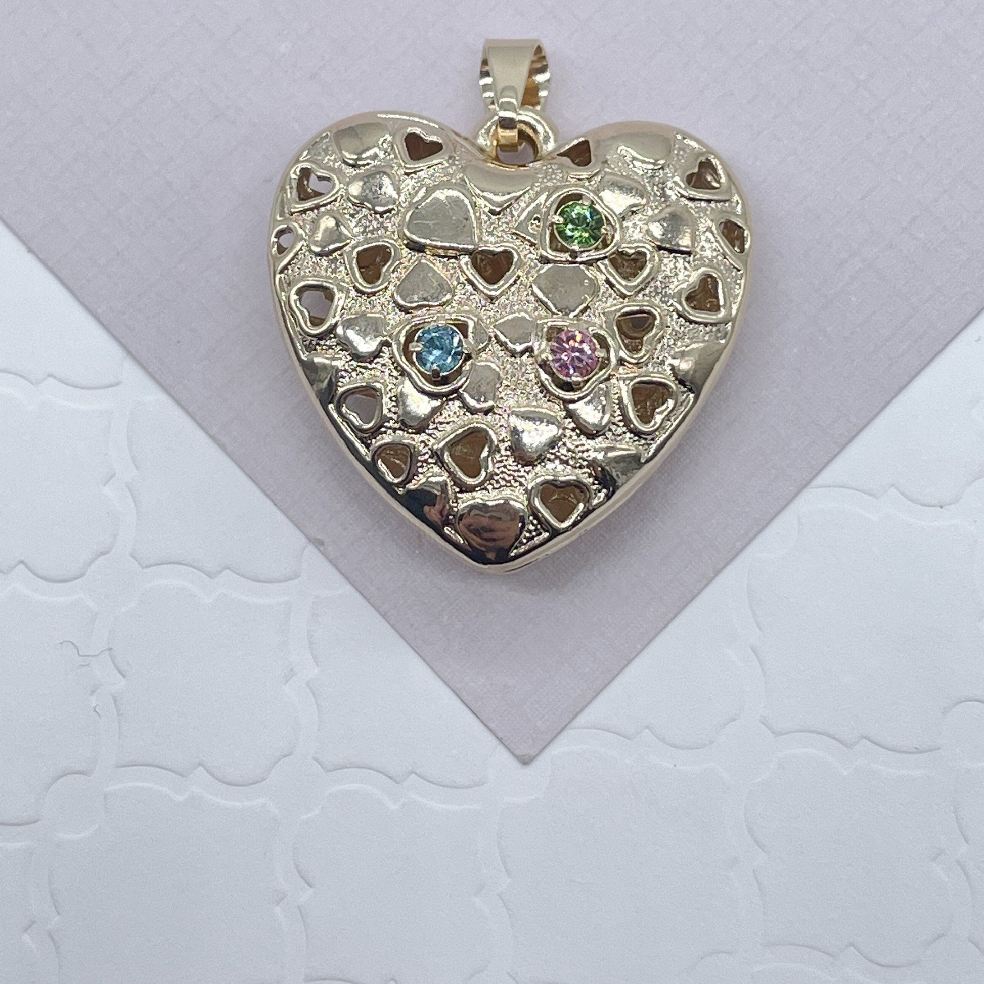 Double Sided 18k Gold Filled Puffy Heart Pendant Charm Featuring Multicolor CZ In One Side And Clear CZ In Another Side Jewelry