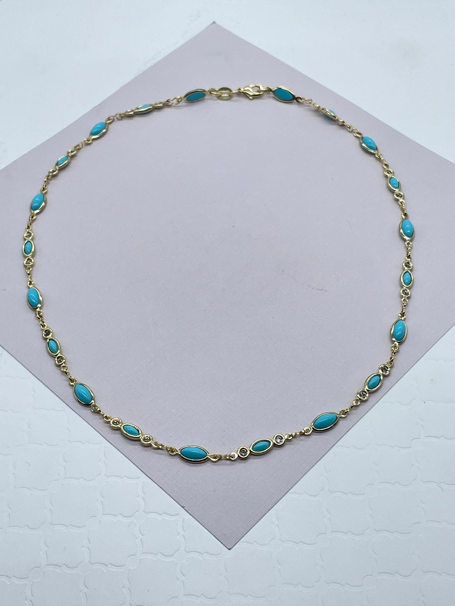 18k Gold Filled Jewelry Set With Cubic Zirconia and Simulated Turquoise Blue