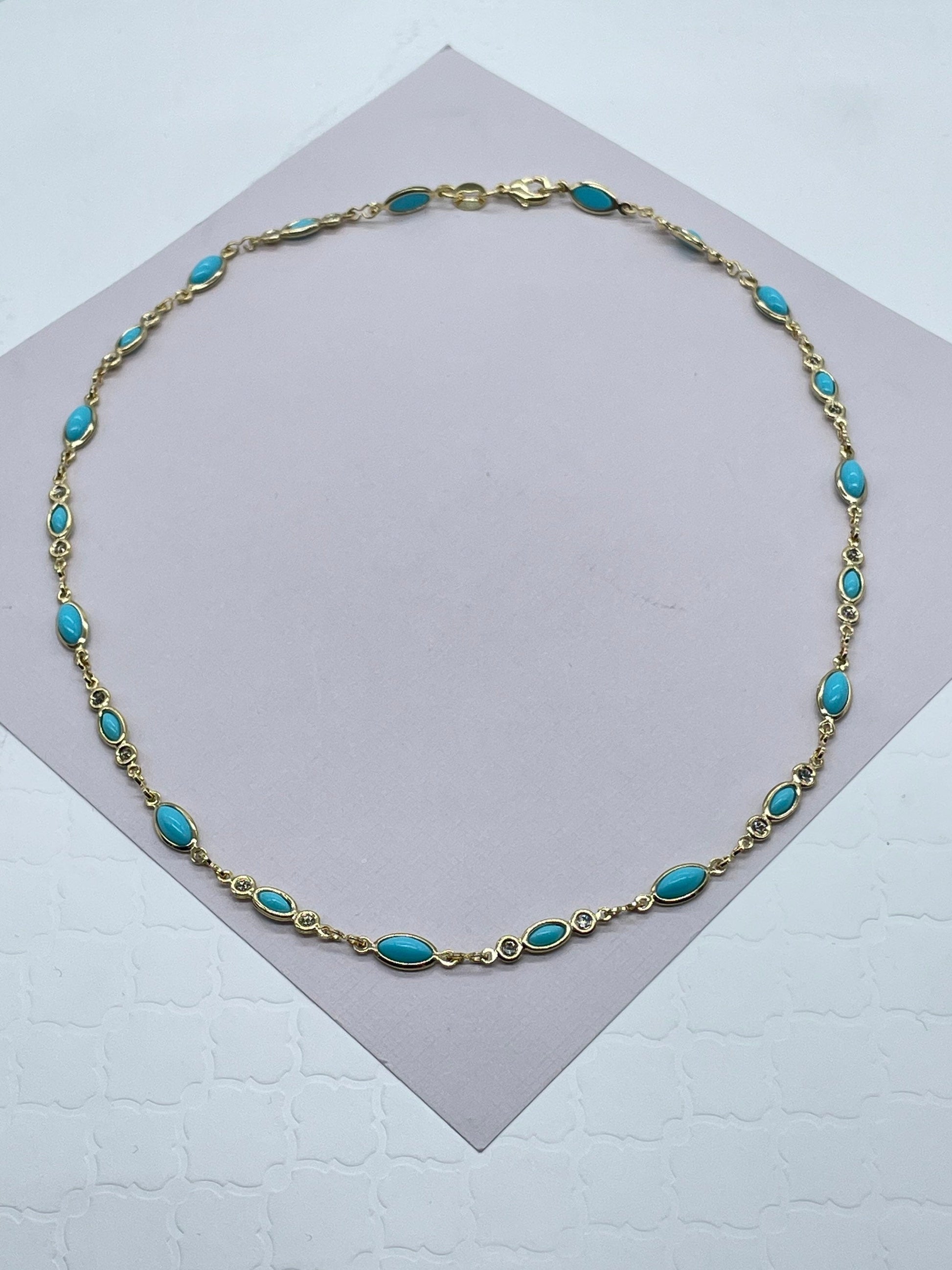 18k Gold Filled Jewelry Set With Cubic Zirconia and Simulated Turquoise Blue