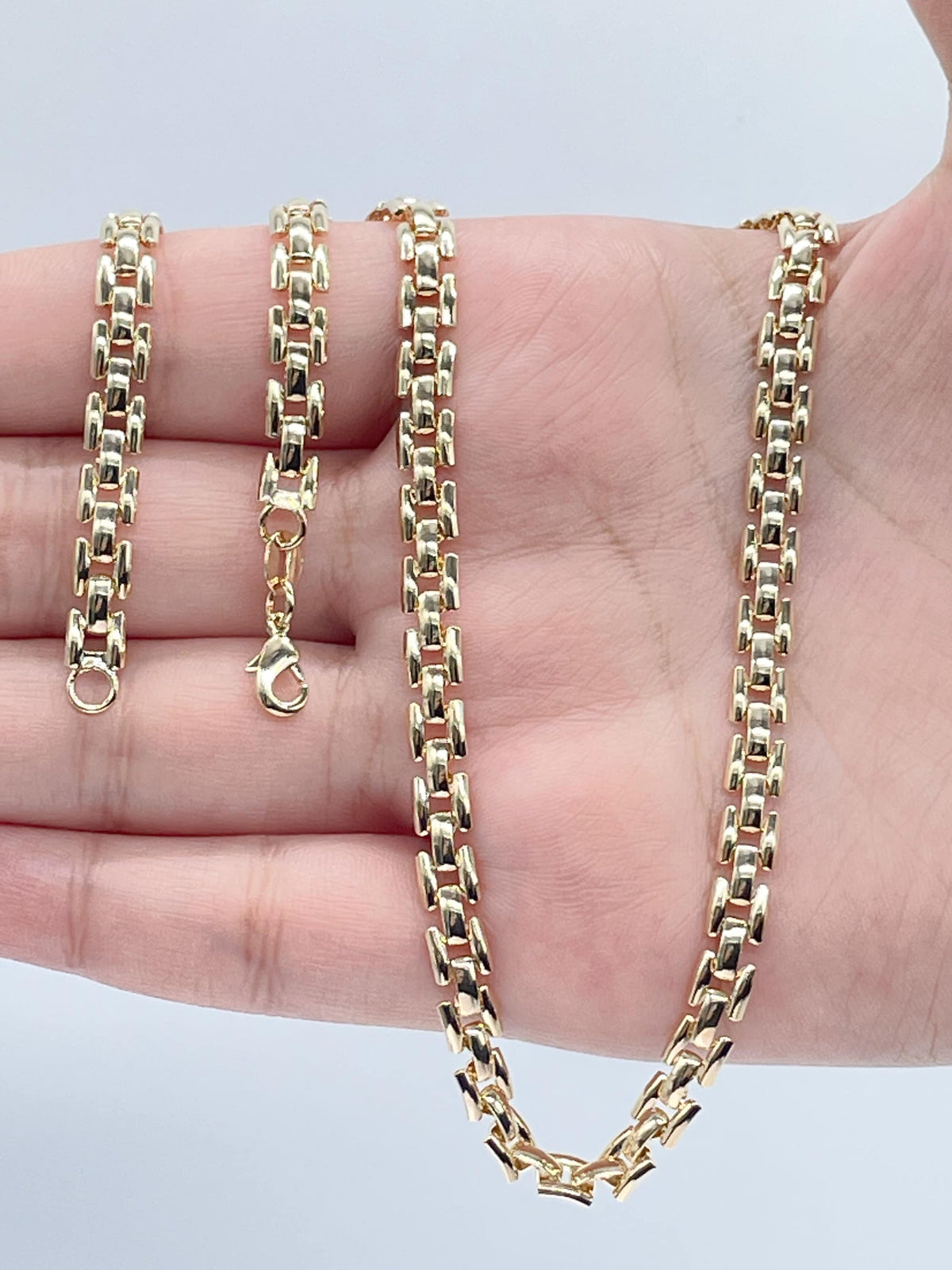 Thick Vintage Style 18k Gold Filled Flat Three Pattern Layered Chain Necklace & Bracelet