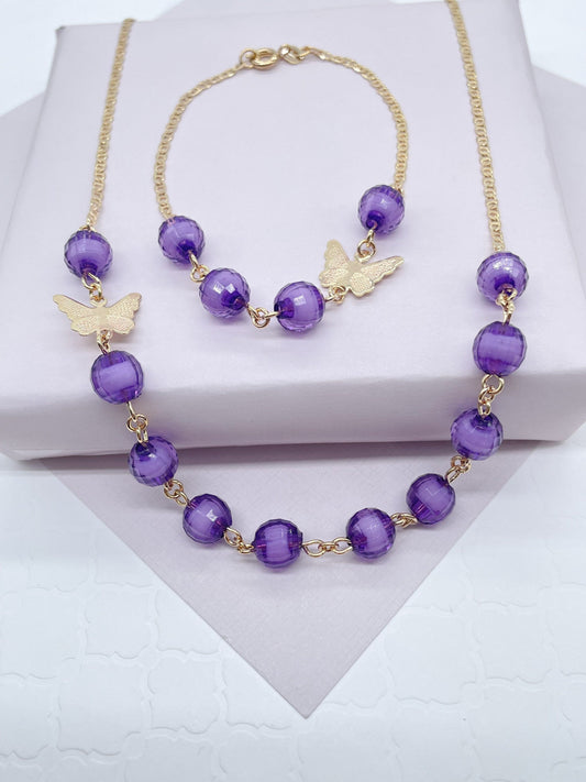 18k Gold Filled Dark Purple Glass Bead Butterfly Set of Bracelet And Necklace