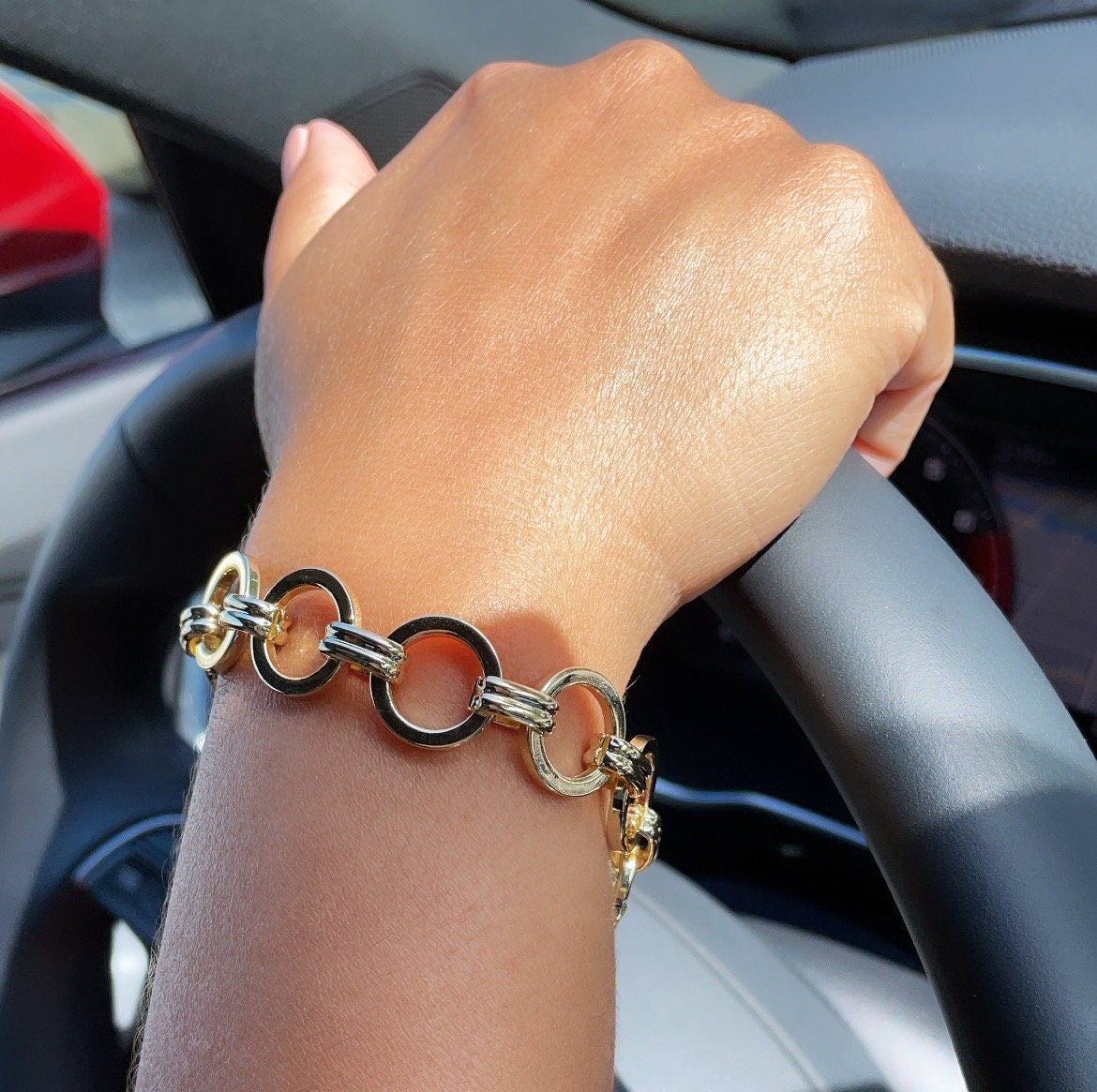 Chunky 18K Gold Filled 15mm Designed Plain Circle Link Bracelet Hypoallergenic