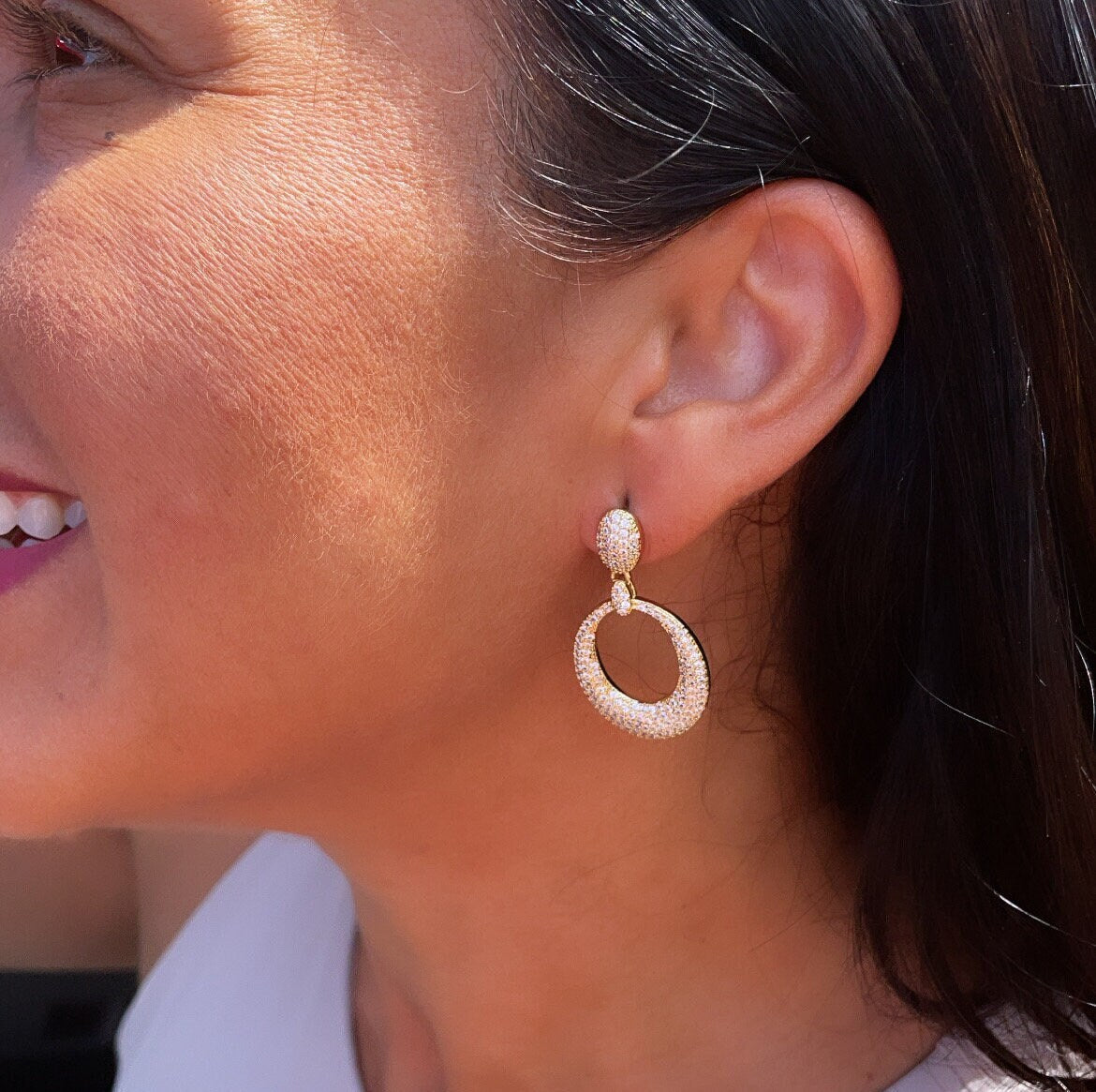 18k Gold Filled Micro Pave Cubic Zirconia Oval Dangling Party Earrings