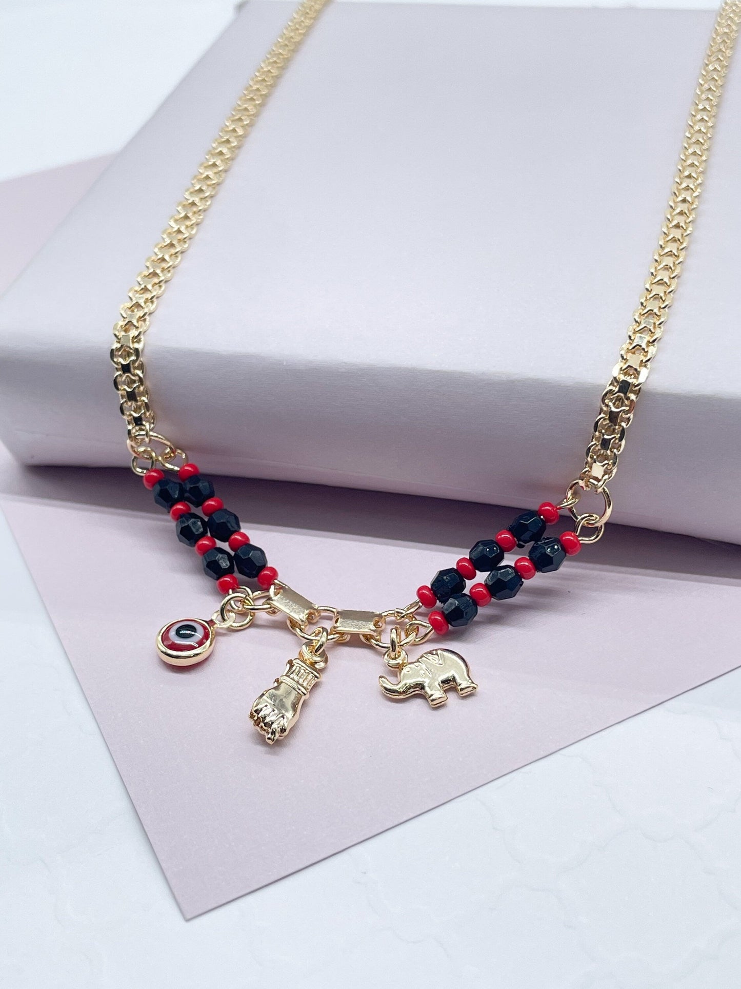 18k Gold Filled Protection “Figa” Hand, Red Evil Eye, Luck Elephant Charm