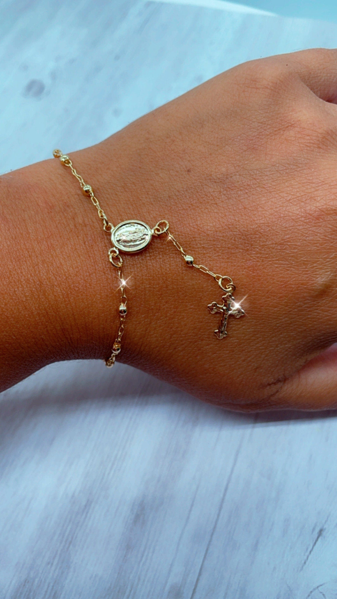 18k Gold Filled Dainty Rosary Bracelet Our Lady of Guadalupe With Victorian