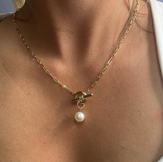 18k Gold Filled Thin Paper Clip Necklace Lariat Featuring Pearl Toggle Closing