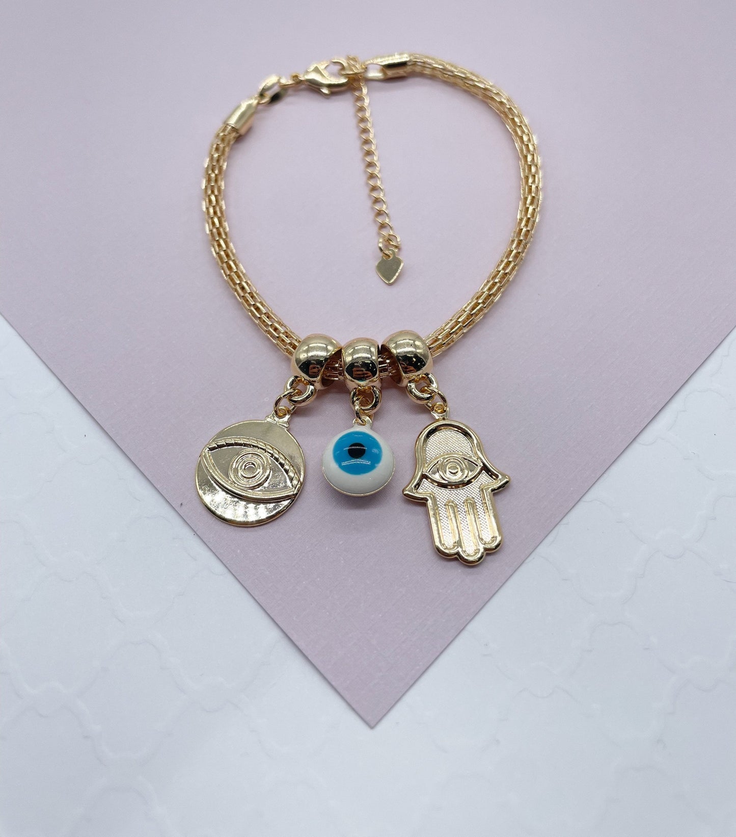 18k Gold Layered Evil Eye Charm Bracelet Featuring Hamsa, Eye Medal For