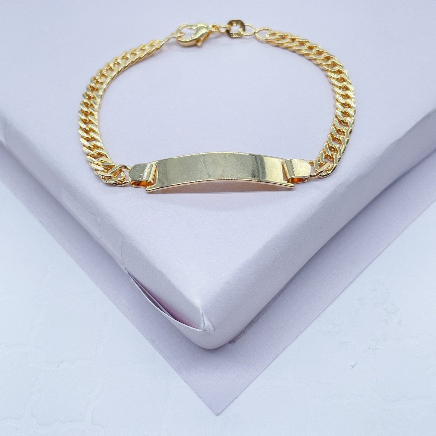 18k Gold Filled Cuban Link ID Children’s Bracelet, Curb Chain Bar Bracelet For