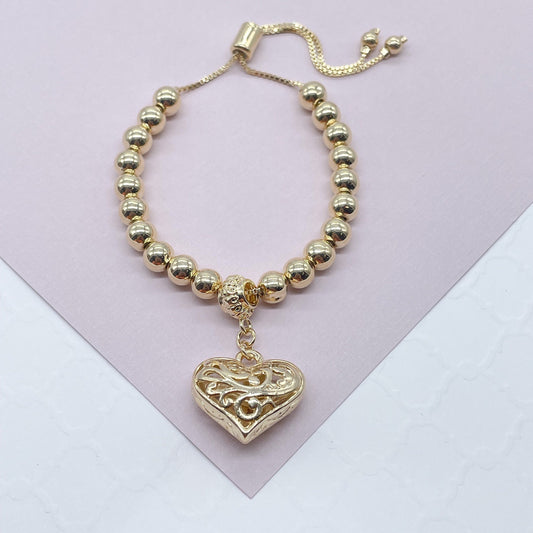 18k Gold Filled Beaded Bracelet With Patterned See Through Heart Featuring Fancy Bail And Slide Clasp
