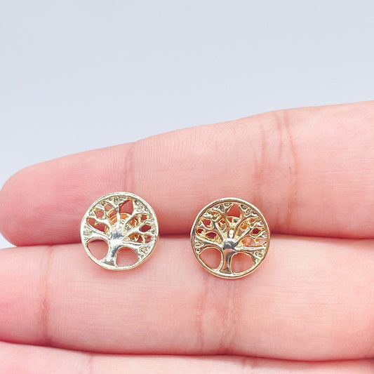 Casting 18k Gold Filled Plain Tree of Life Circle Stud Earrings, Mother Earth Jewelry