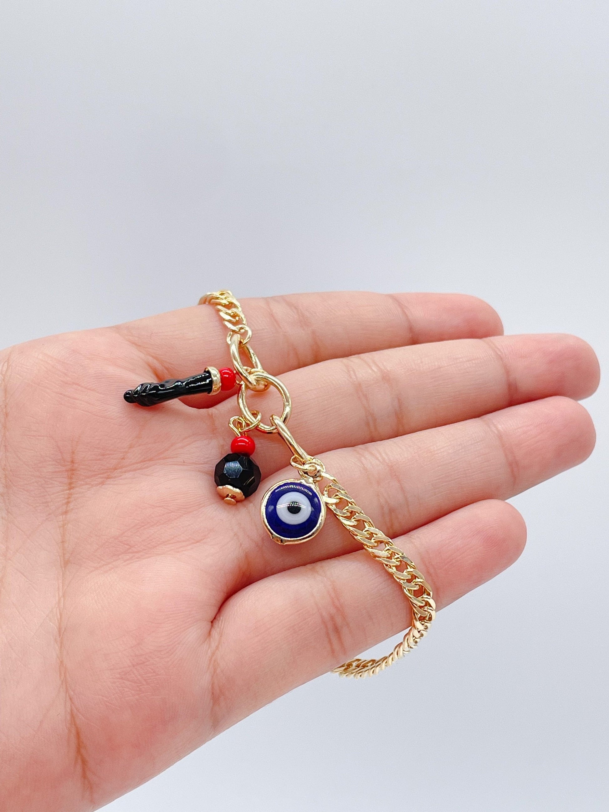 18k Gold Filled Cuban Link Charm Bracelet: Blue Evil Eye & Figa