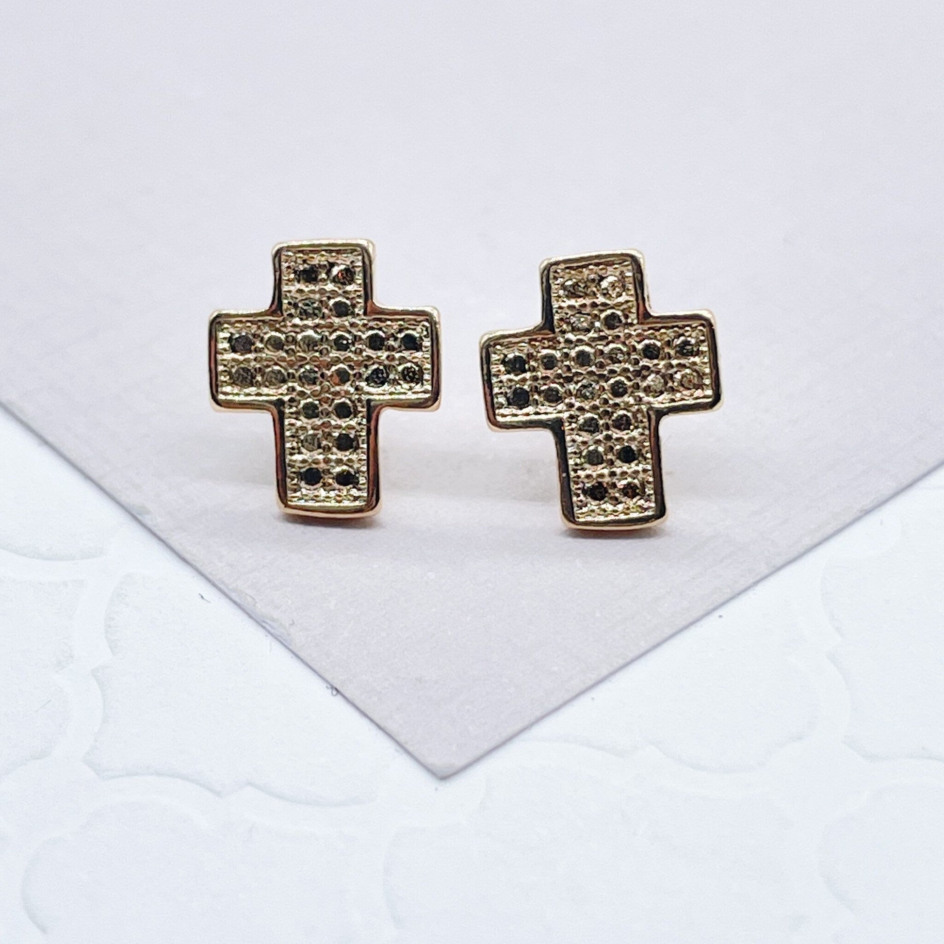18k Gold Filled Design Pattern Casted Cross Stud Earrings