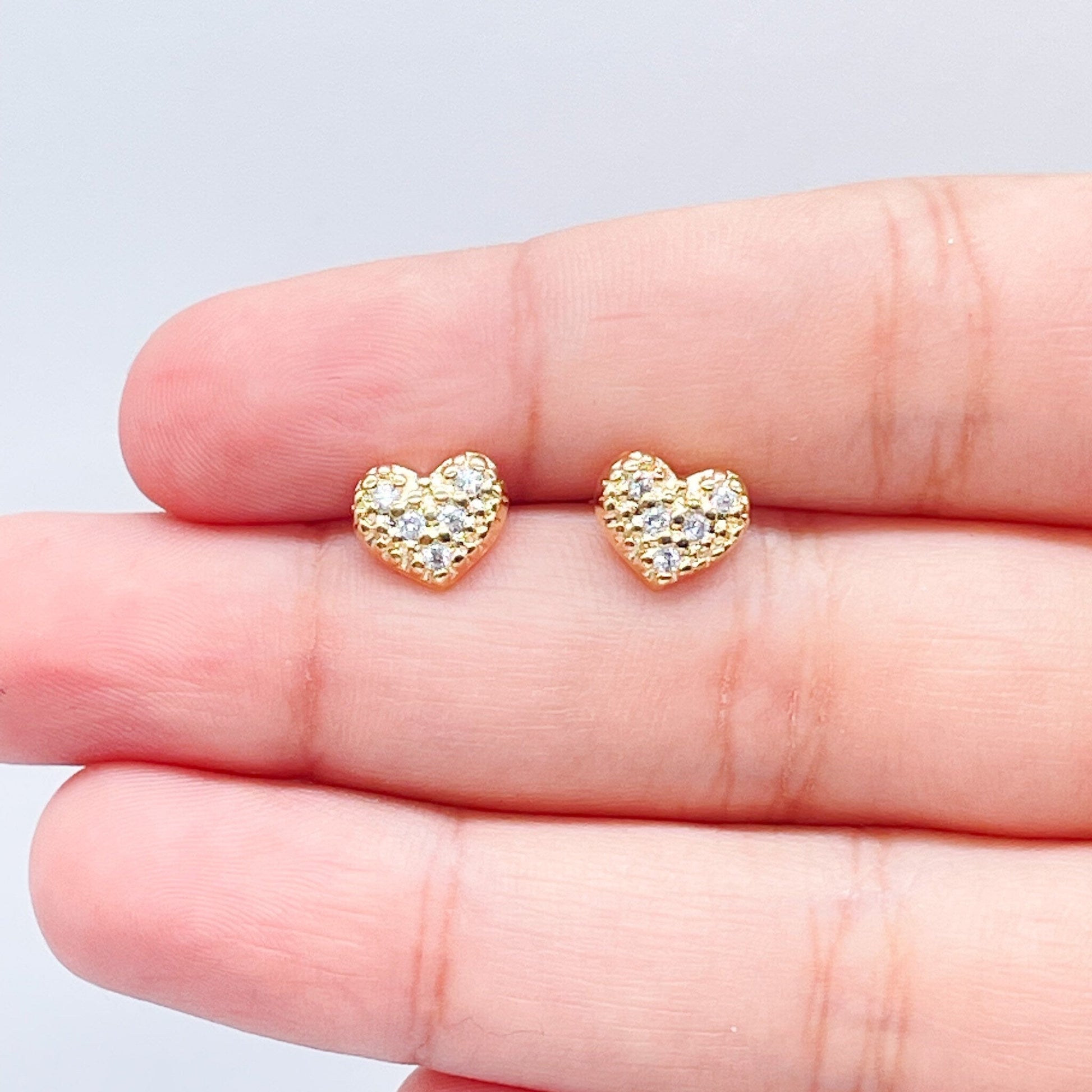 18k Gold Filled Dainty Design Pattern Small Heart Stud Earrings Featuring Micro Cubic Zirconia