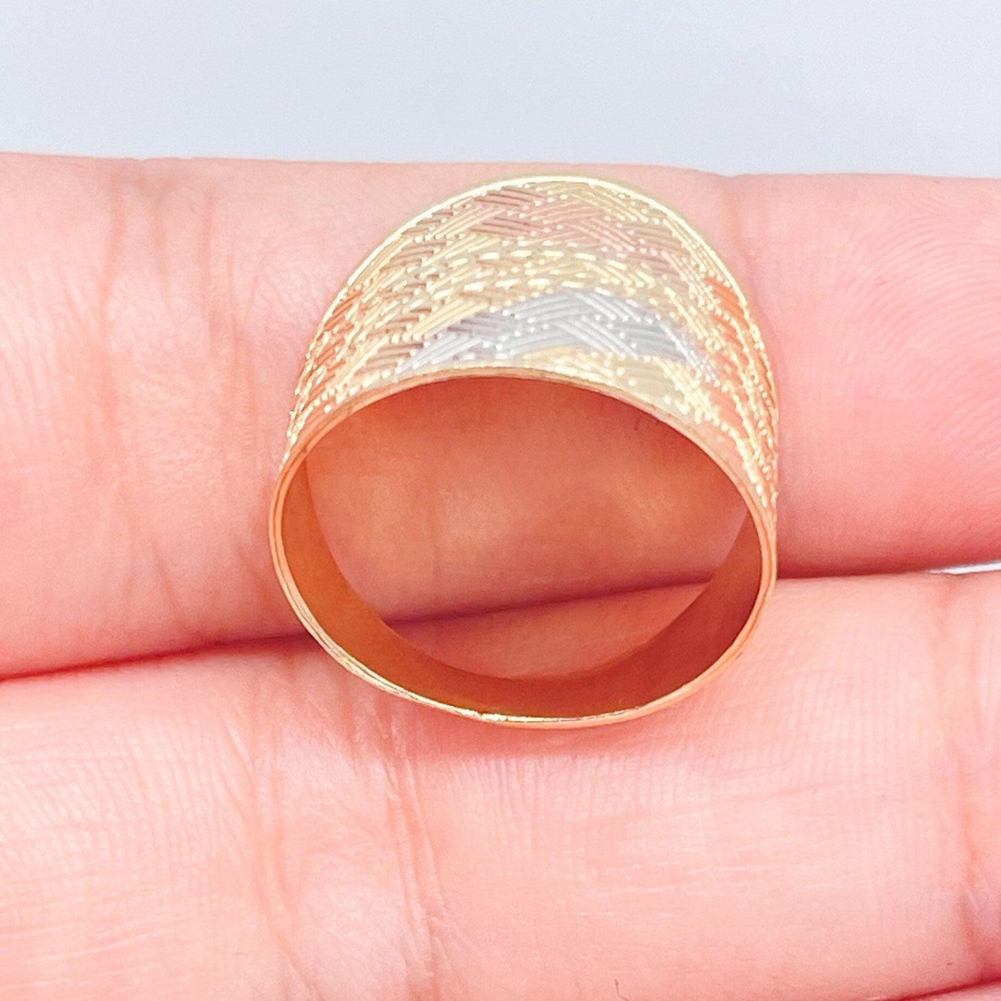 Large 18k Gold Filled Geometric Patterned Tri-Color Ring Wholesale Jewelry