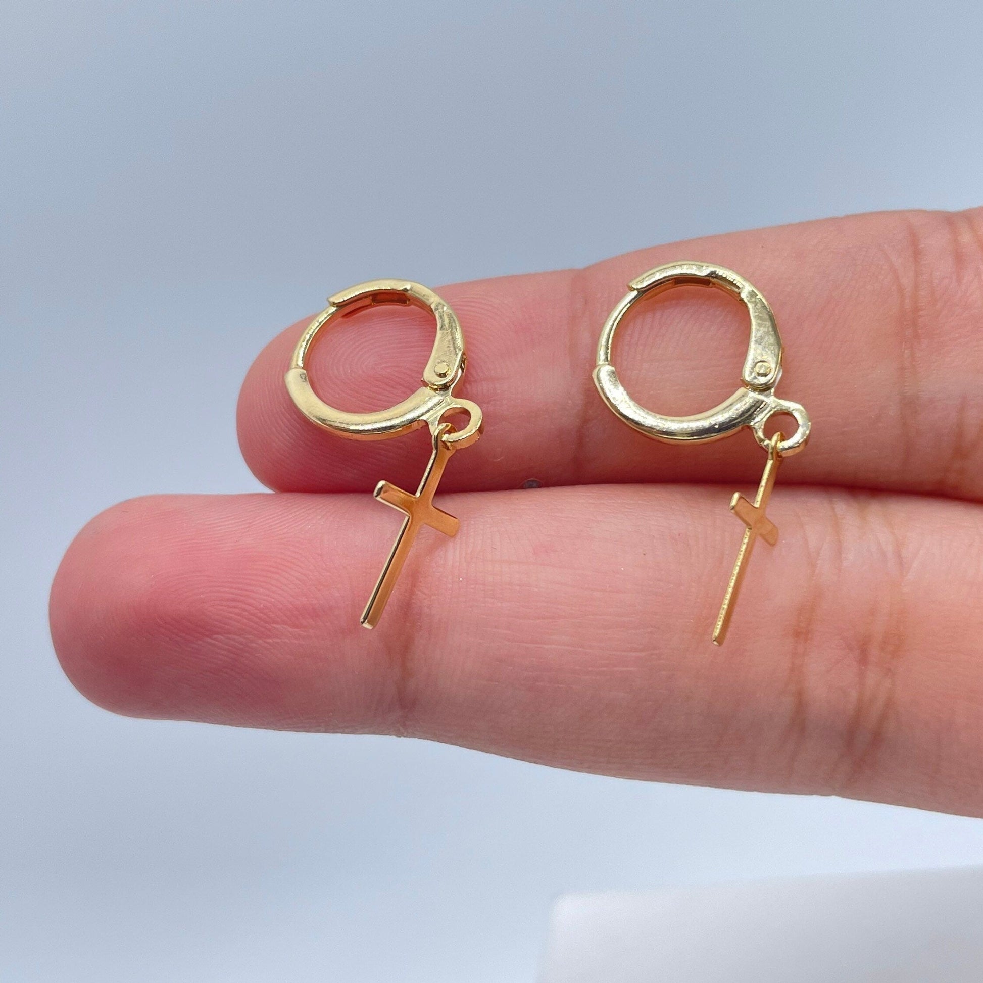 18k Gold Filled Tiny Plain Hanging Cross Hoop Earrings Wholesale Jewelry