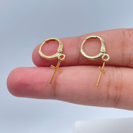 18k Gold Filled Tiny Plain Hanging Cross Hoop Earrings Wholesale Jewelry