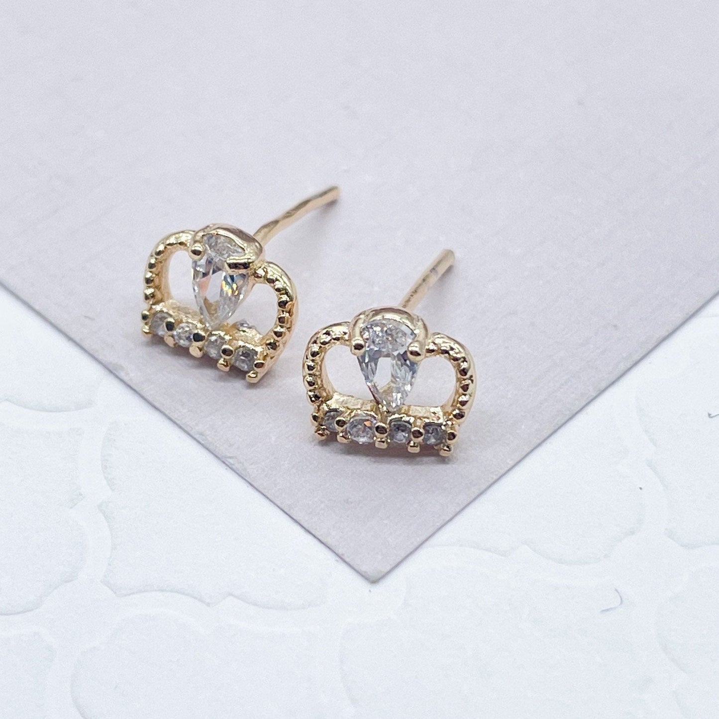 18k Gold Filled Small Crown Cubic Zirconia Stud Earrings Dainty Jewelry Making Supplies
