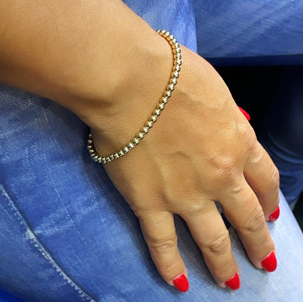 18k Gold Filled Classic 4mm Beaded Bracelet, Gold Plain Ball Bracelet,