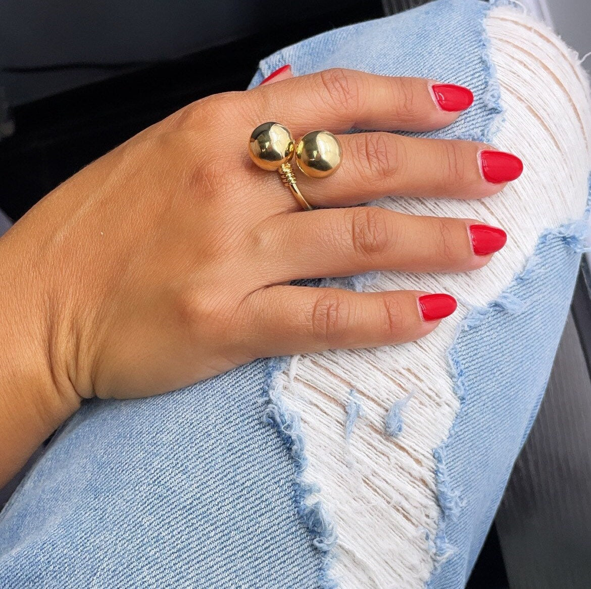 18k Gold Filled Dual Designer Plain Large Ball Adjustable Ring Wholesale Jewelry