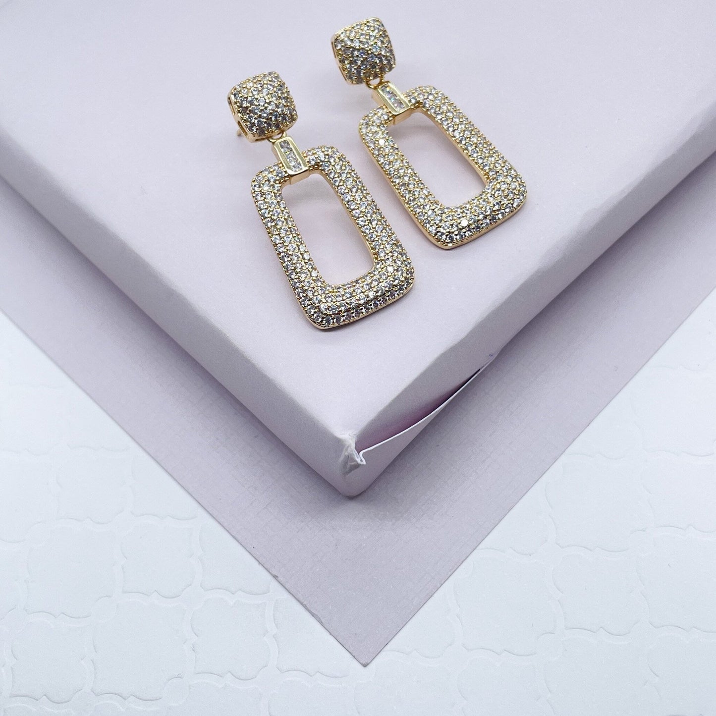 18K Gold Filled Square Micro Pave Cubic Zicornia Dangling Party Earrings