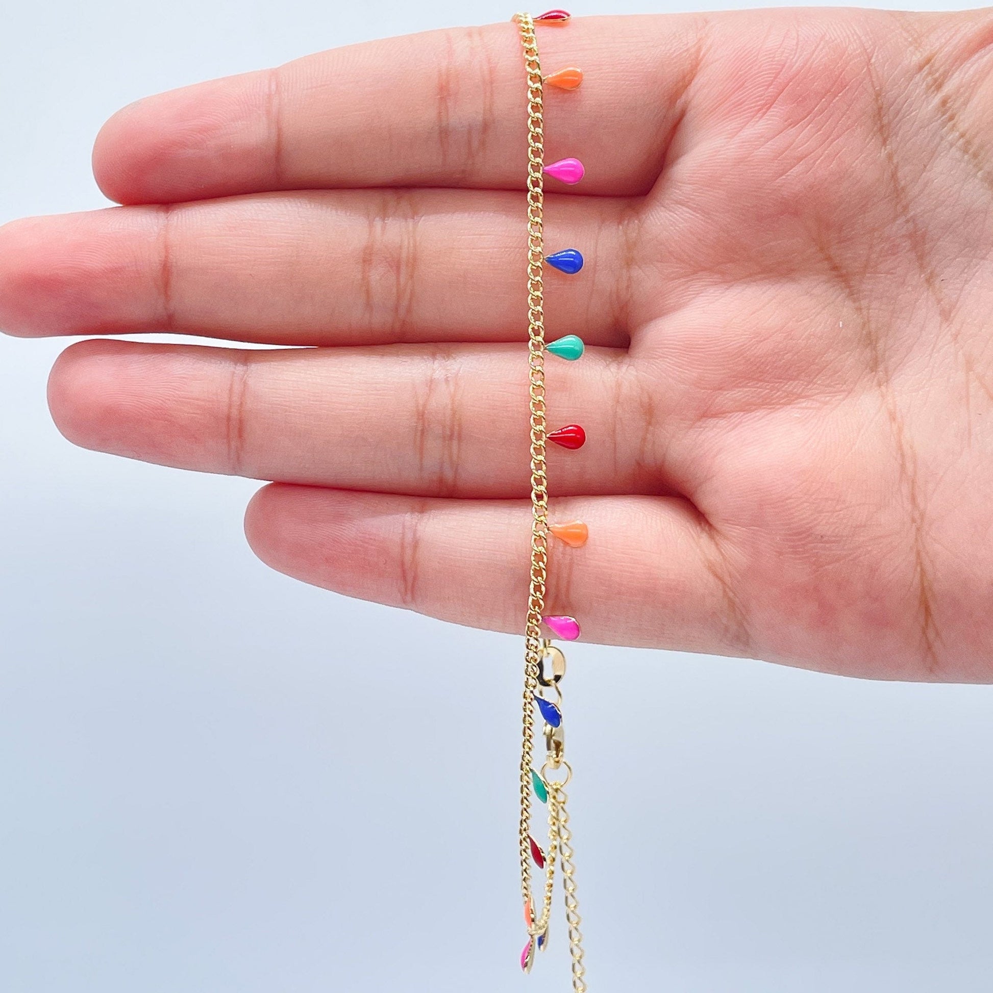 18k Gold Filled Multicolor Tiny Teardrop Charm Anklet, Colorful Jewelry, Extra delicate
