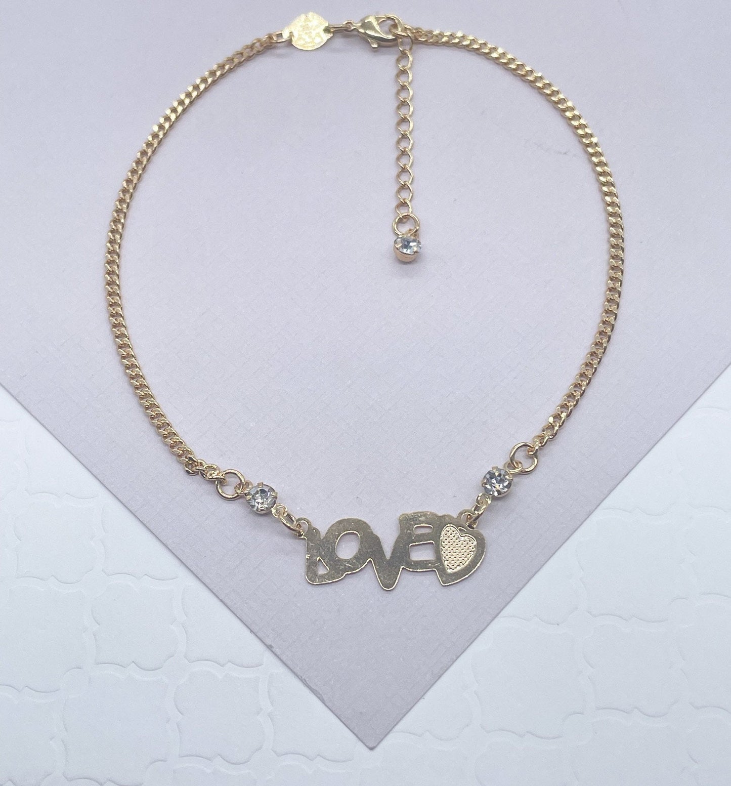 18k Gold Filled Thin Cuban Link "Love" Anklet Adorned By Two Cubic Zirconia Supplies