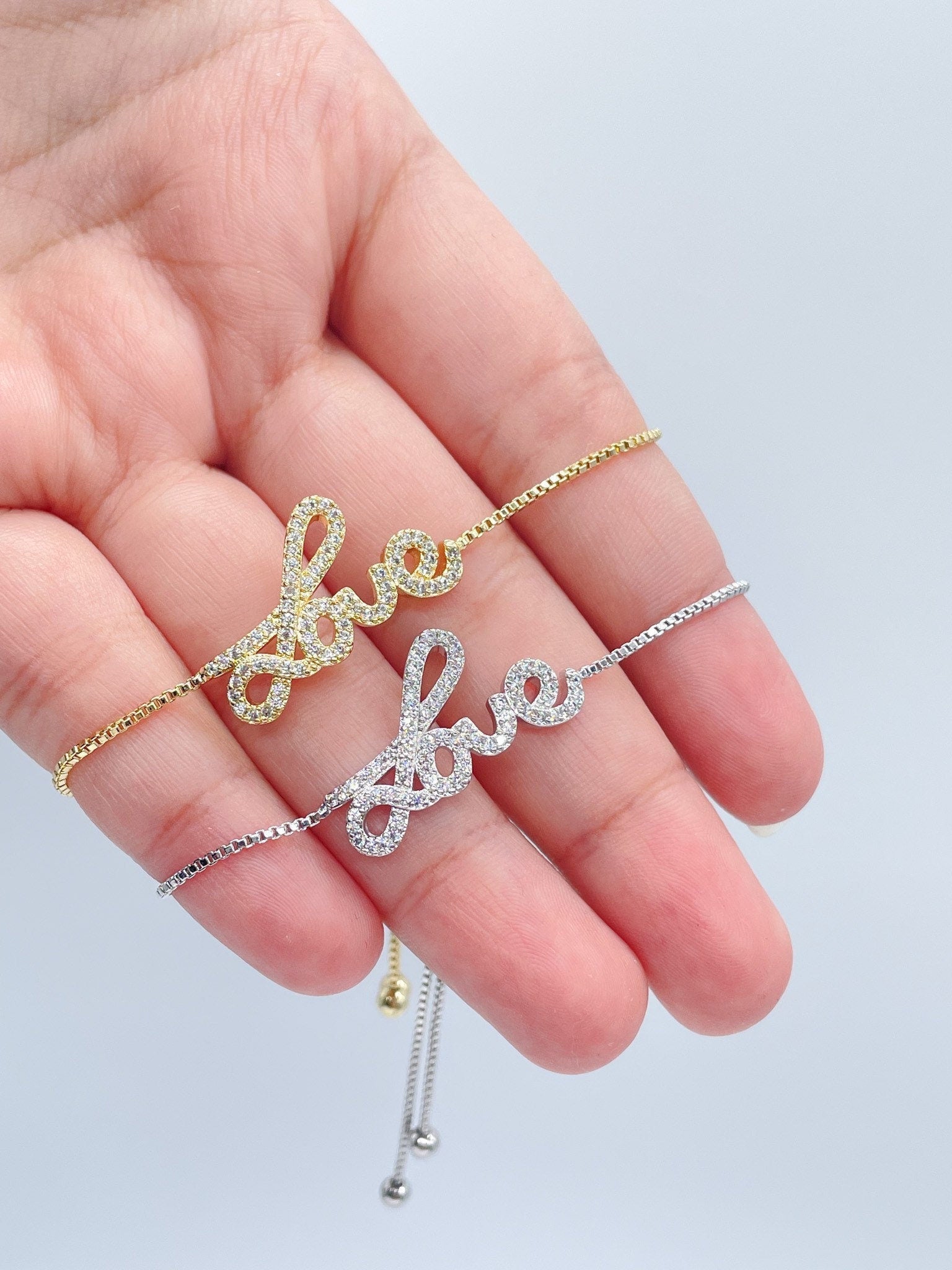 18k Gold Filled Micro Pave Cubic Zirconia "Love" Adjustable Bracelet In Box Chain Style With Slider Clasp Jewelry Gift Her