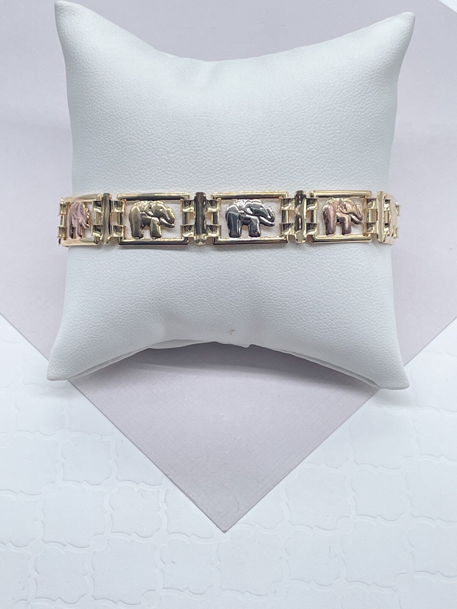 18k Gold Filled Tri-Color Flat Elephant Set, Tricolor Hallowed Necklace