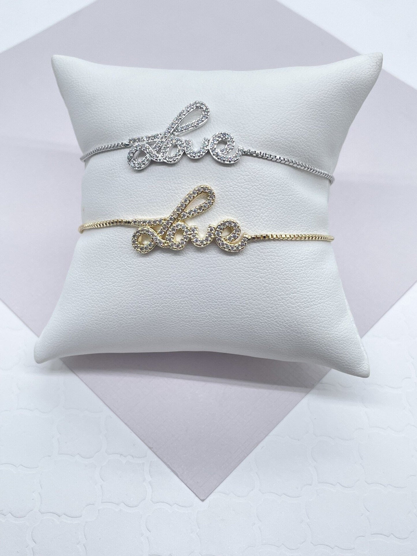 18k Gold Filled Micro Pave Cubic Zirconia "Love" Adjustable Bracelet In Box Chain Style With Slider Clasp Jewelry Gift Her