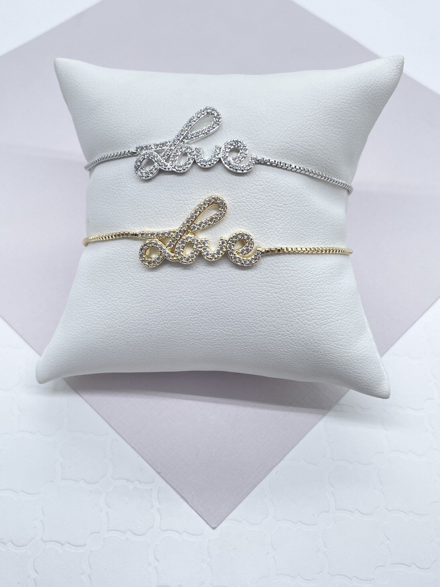 18k Gold Filled Micro Pave Cubic Zirconia "Love" Adjustable Bracelet In Box Chain Style With Slider Clasp Jewelry Gift Her
