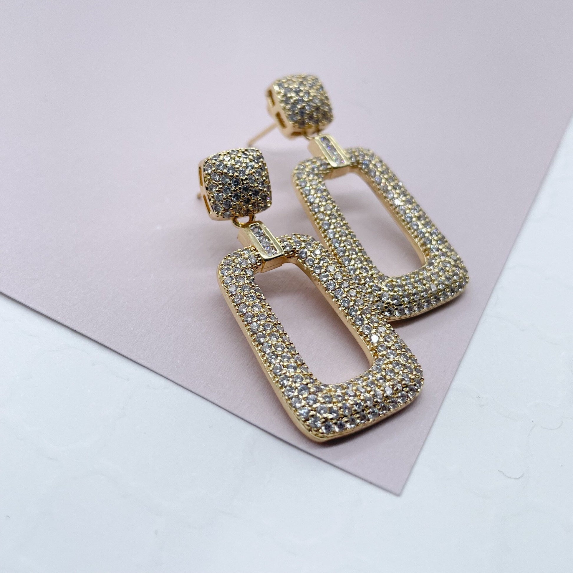18K Gold Filled Square Micro Pave Cubic Zicornia Dangling Party Earrings