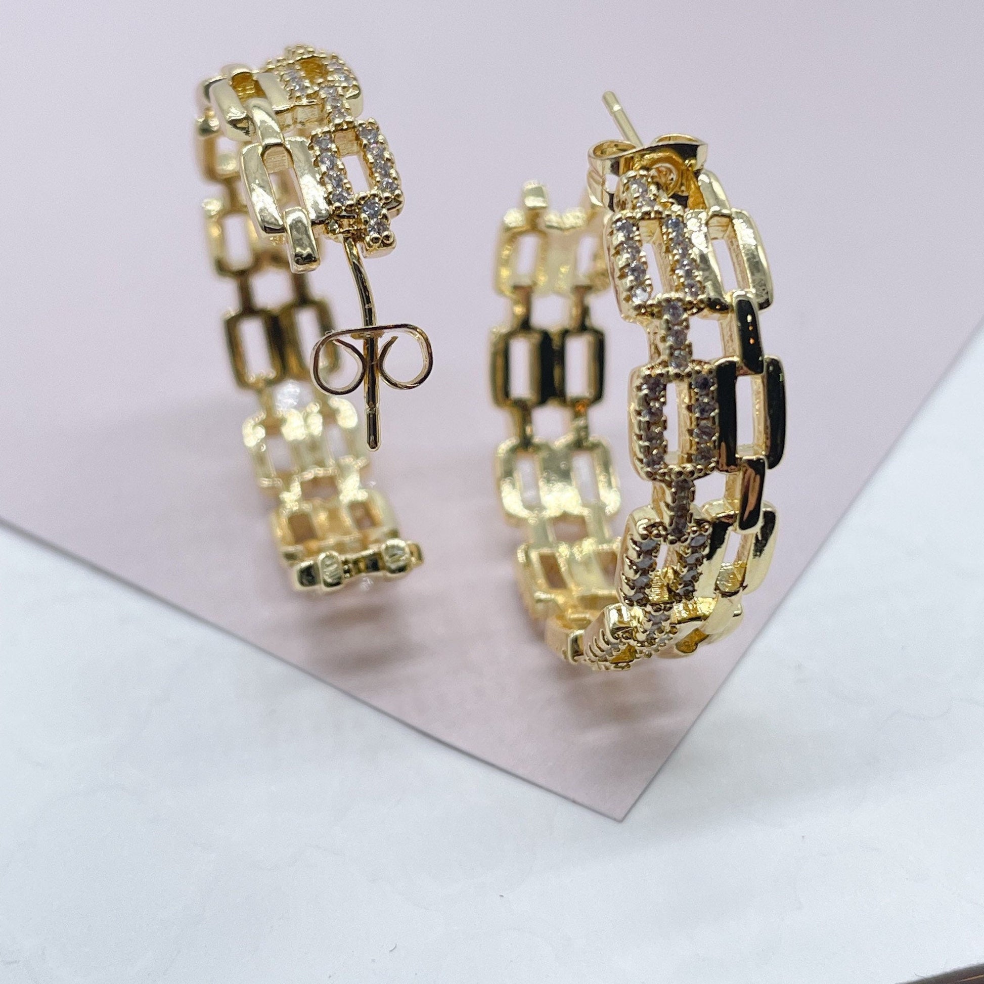 18k Gold Filled Chain Link Hoop Earrings Featuring Cubic Zirconia, Dainty Curb
