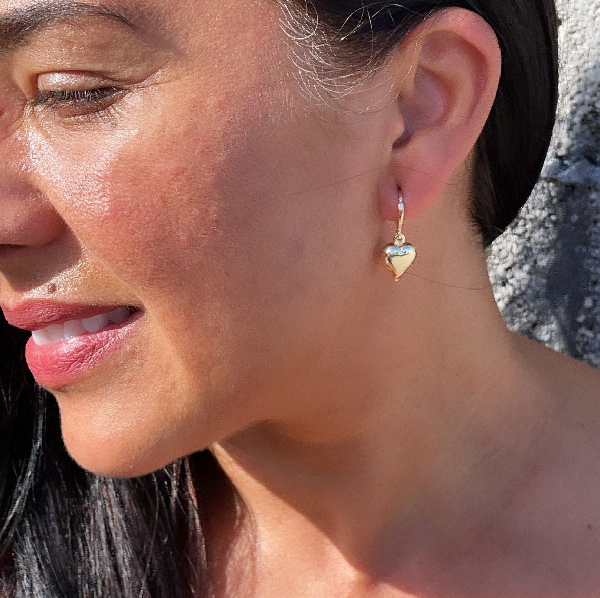 18k Gold Filled Puffy Chubby Heart Dangling Earrings