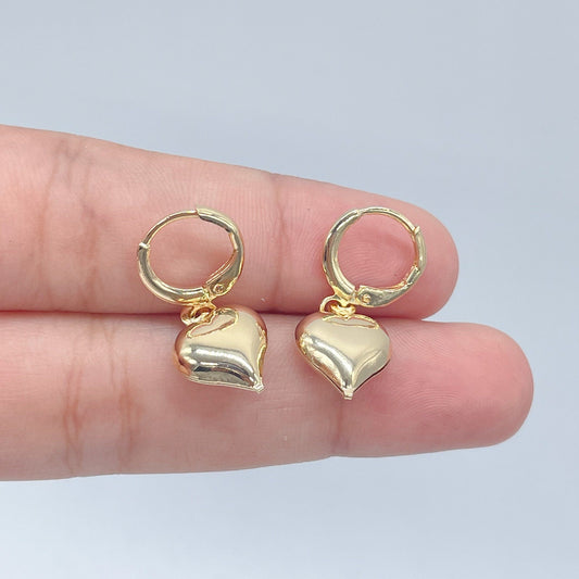 18k Gold Layered Puffy Chubby Heart Dangling Earrings