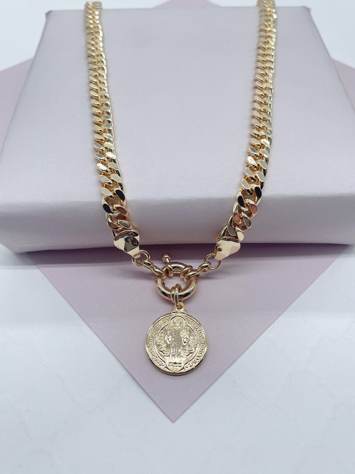 18k Gold Filled 6mm Cuban Link Choker Featuring Large Chunky Spring Ring And St Benedict Charm Supplies Design