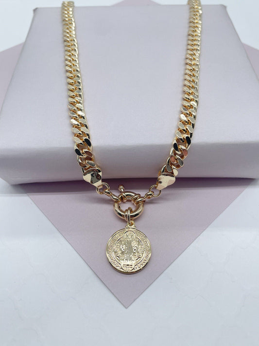 18k Gold Filled 6mm Cuban Link Choker Featuring Large Chunky Spring Ring And St Benedict Charm Supplies Design