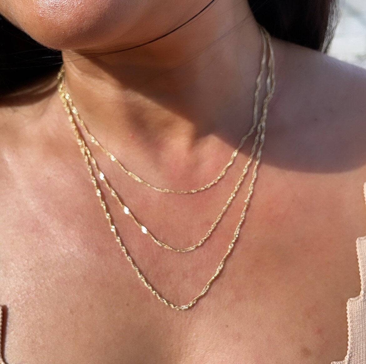 18k Gold Filled 1mm Dainty Singapore Chain Necklace Supplies Creative Styling and Design Layers