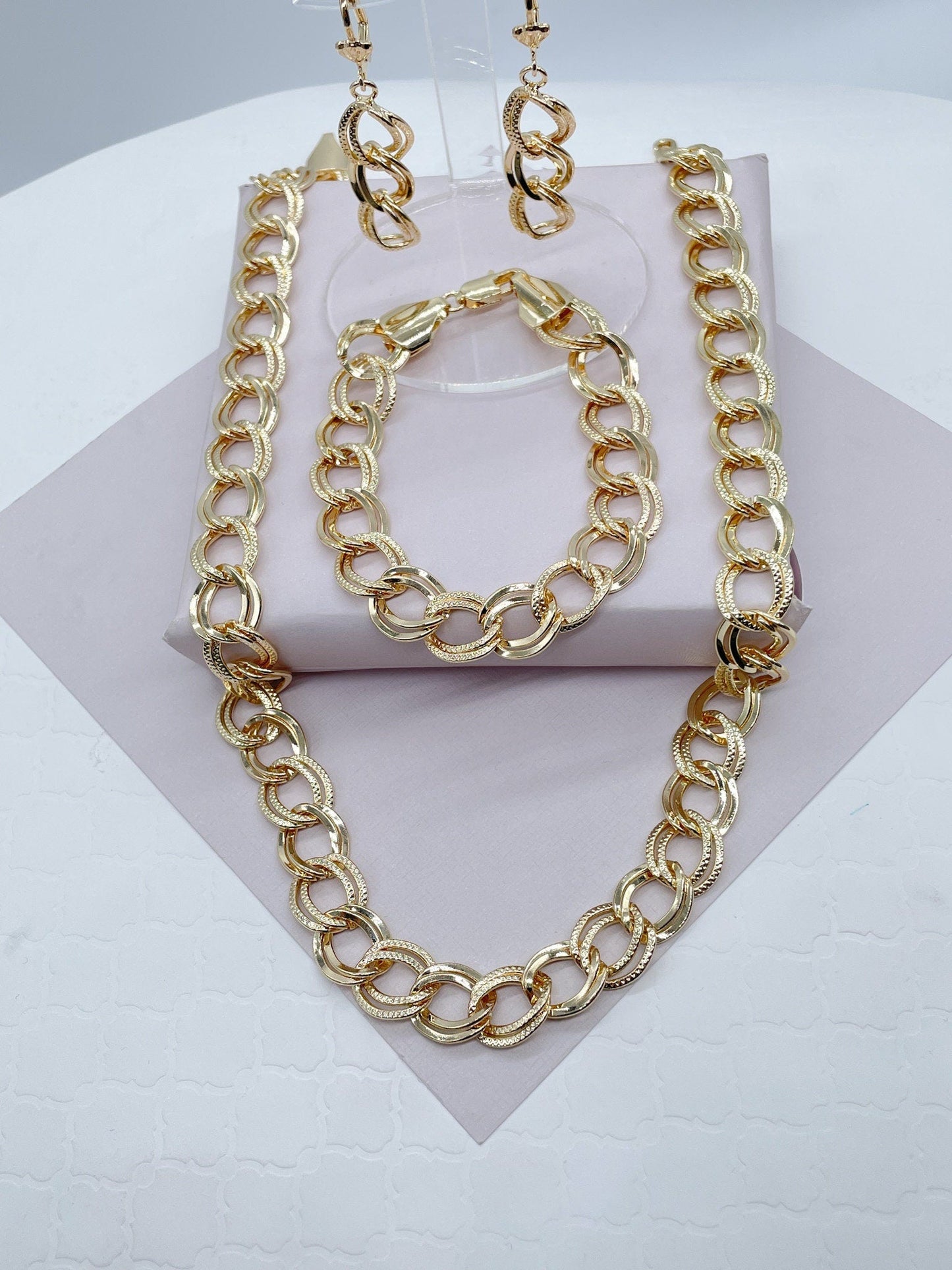 Chunky Hollowed 18k Gold Filled Double Rugged Link Light Set Necklace, Earrings and Bracelet,