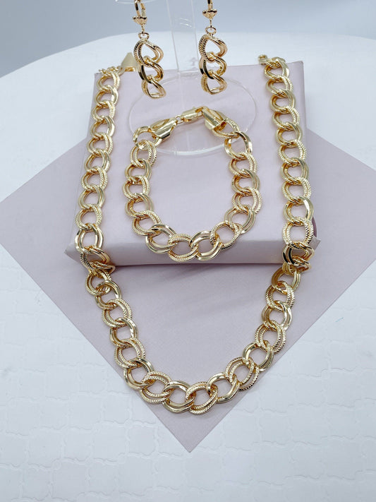 Chunky Hollowed 18k Gold Filled Double Rugged Link Light Set Necklace, Earrings and Bracelet,