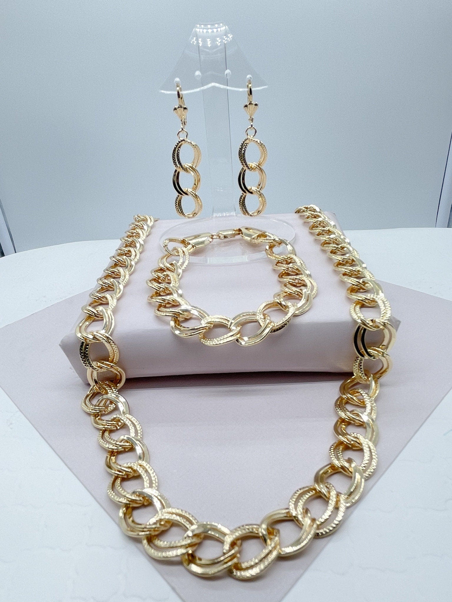 Chunky Hollowed 18k Gold Filled Double Rugged Link Light Set Necklace, Earrings and Bracelet,