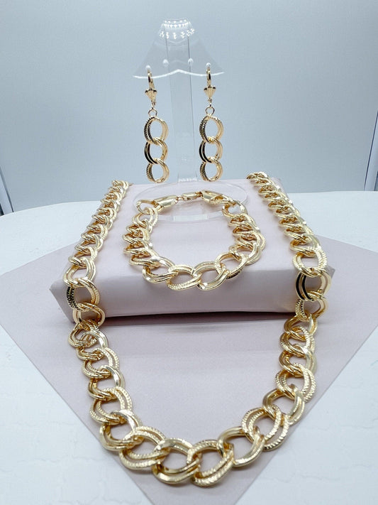 Chunky Hollowed 18k Gold Filled Double Rugged Link Light Set Necklace, Earrings and Bracelet,