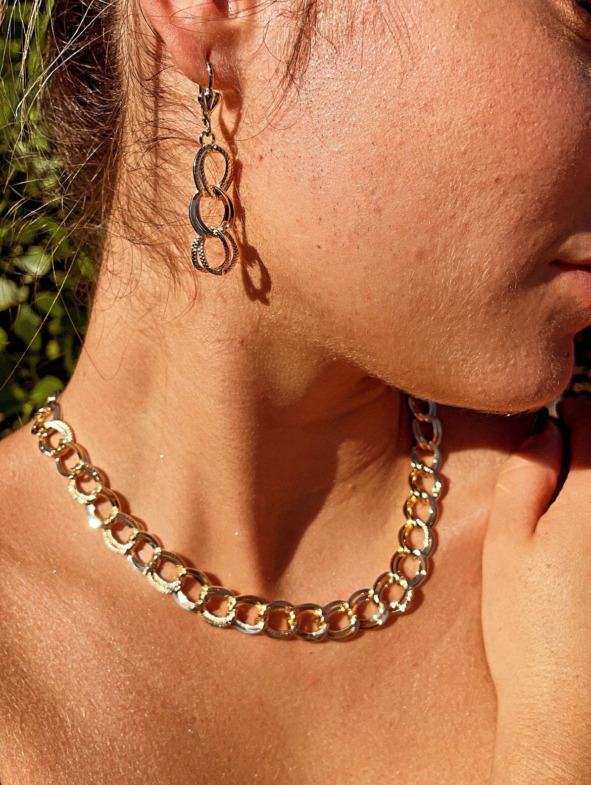 Chunky Hollowed 18k Gold Filled Double Rugged Link Light Set Necklace, Earrings and Bracelet,